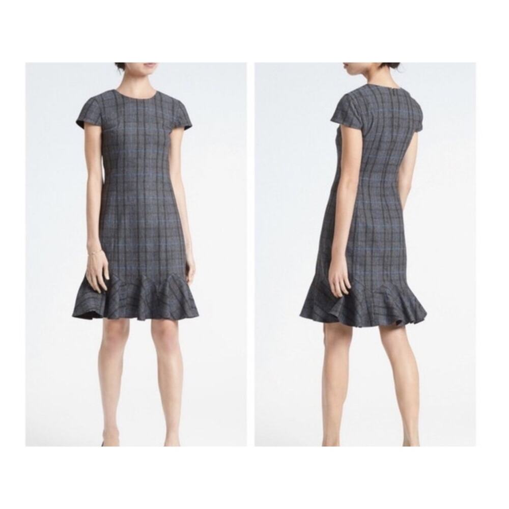 Banana Republic Plaid Flared Hem Flounce Cap Sleeve Dress Sz 2 Black White Blue